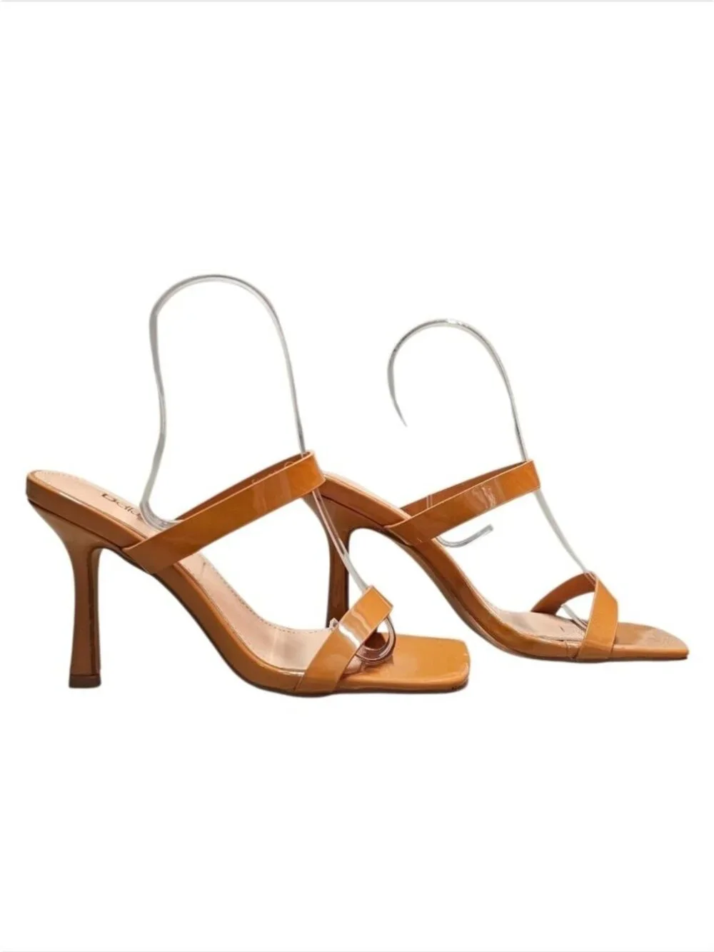 Strap Stiletto Heels With Square Toe & Tan Patent Faux Leather Accents For Women